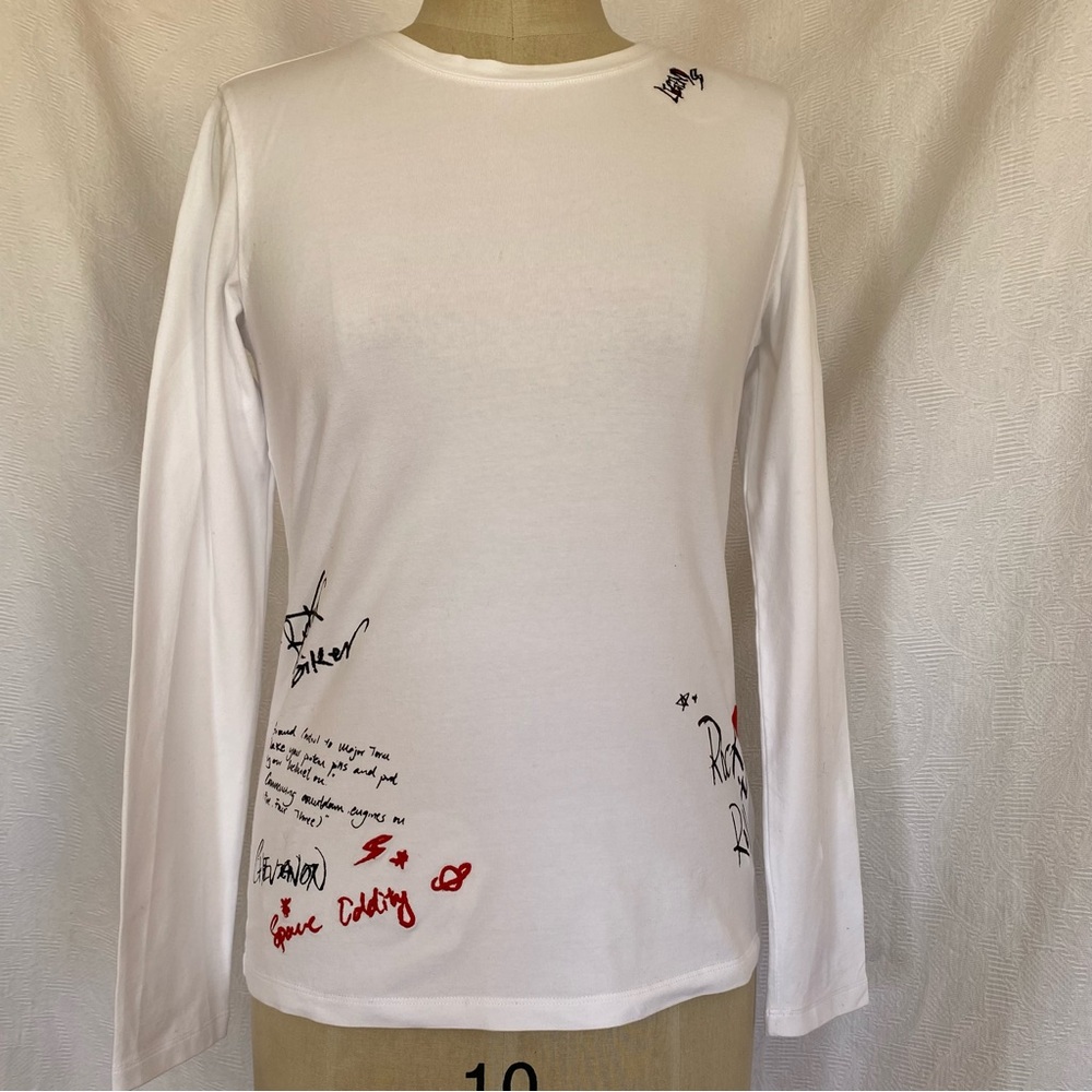 Chevignon S/M white printed and embroidered long sleeve. Rare design EUC